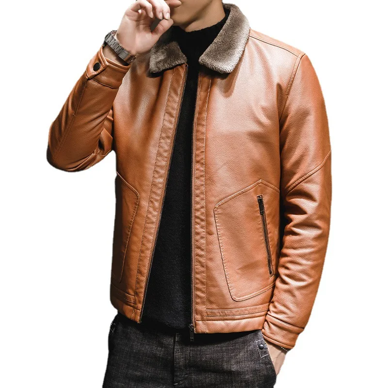 high quality leather jacket coat for men long sleeve velvet lining big size motorcycle jacket 2023 winter clothing black brown