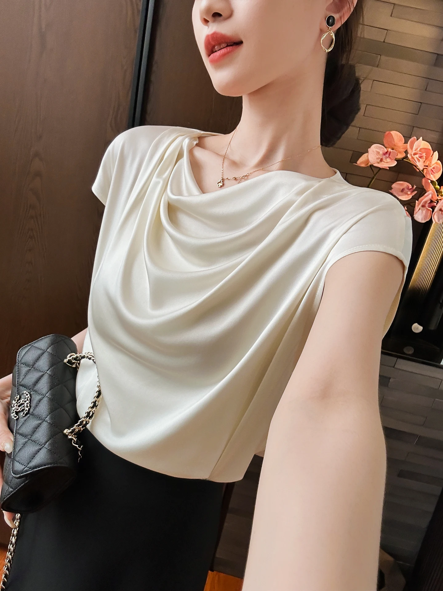 

Женская блузка из ацетата с воротником, приталенная, универсальная, элегантная, для офиса, летняя, повседневная