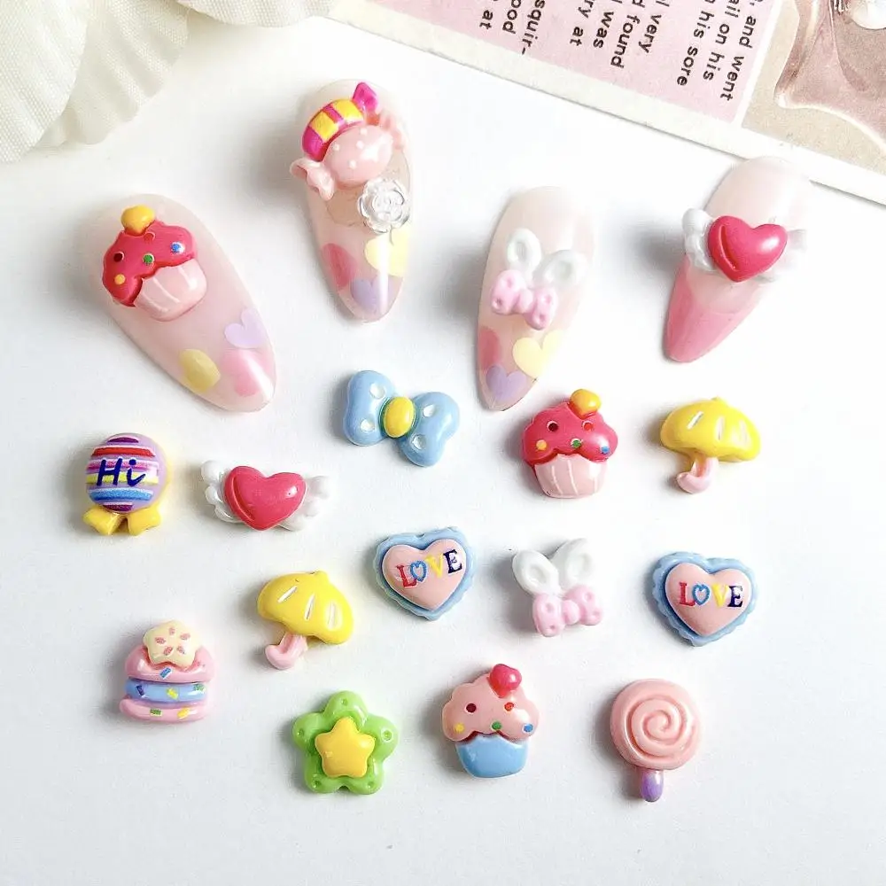 

20PCS Cartoon Creative Burger Cake Resin Nail Art Decorations Colorful Cute Rabbit Ears Heart Wings Cream Glue Nail Charms DIY