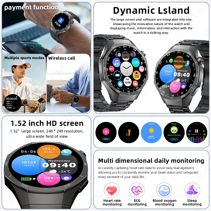 ساعة ذكية جديدة GT5 Pro HD شاشة ثلاثية الأبعاد مراقبة معدل ضربات القلب بلوتوث دعوة جزيرة ديناميكية مقاوم للماء ساعة ذكية رجل هدايا العيد