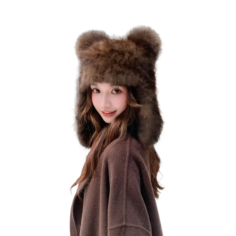 

Temperament sable hair woven big ear hat women's winter warm fur Lei Feng hat cute real hair fox hairball