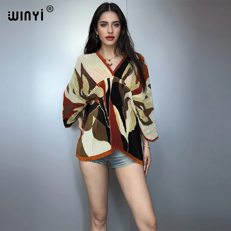 WINYI Pleated elastic top free size for Women, Bohemian Summer Beach Top, Batwing Sleeve, boho Printed Clothes beach cover up