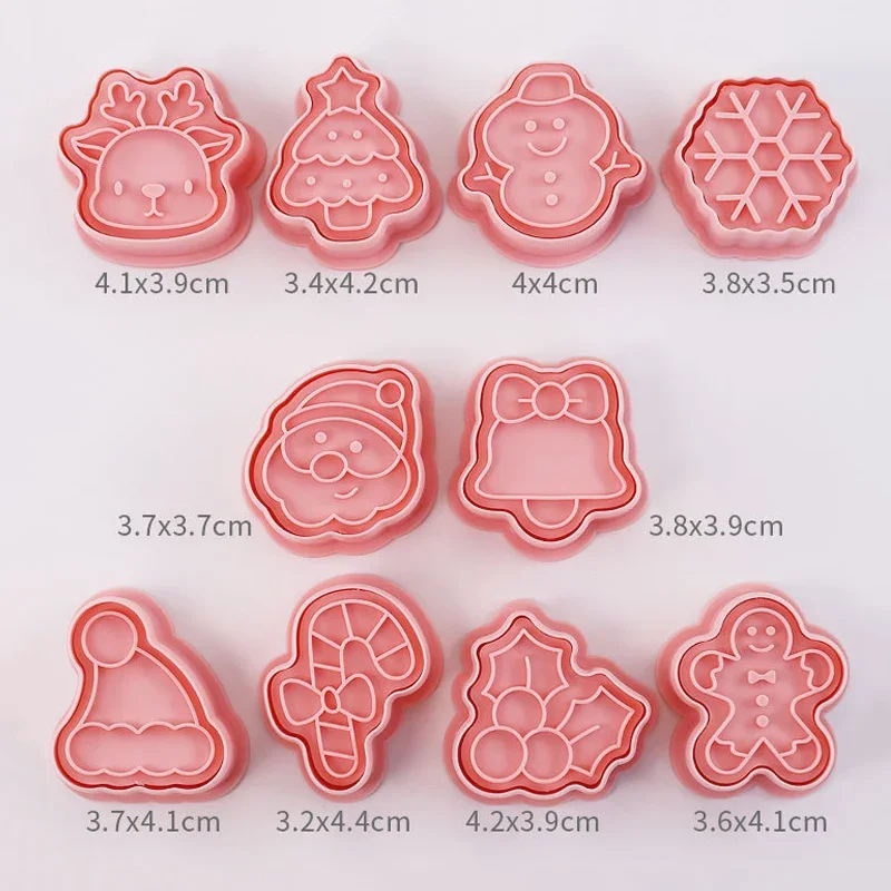 10pcs/set Christmas Cookie Cutters Cartoon Santa Snowman Tree Elk Shape Biscuit Mould Cookie Stamp Kitchen Baking Pastry Mold