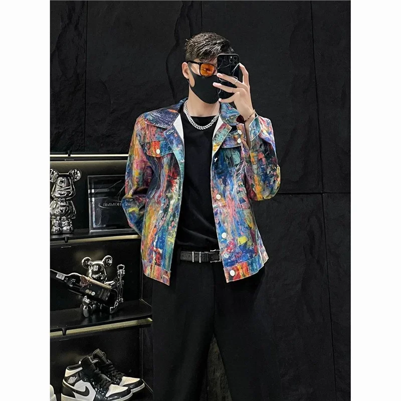 

New Faionable fiti Painted Denim Jaet Loose Casual ort Sle Men's Spring Autumn Seasonal Clothing