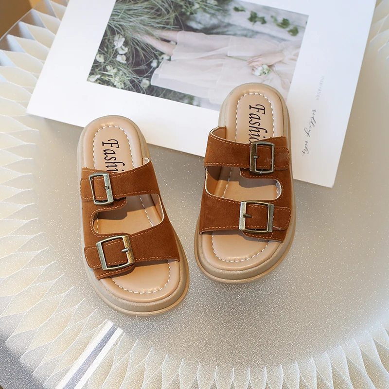 Summer Children Fur Leather Slippers Toddler Boys Buckle Sandals Beach Shoes Kids Infant Open Toe Casual Shoes 3-12Y Sandalias