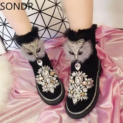 Womens Ankle Boots Rhinestones Crystal Fur Fox Decor Diamond Bling Genuine Leather Flat Warm Snow Thick Winter Black Shoes C881