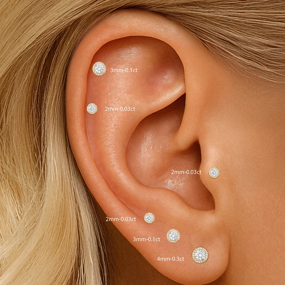 Aide 1 Stück 925 Sterling Silber Moissanit Halo Piercing Ohrstecker mit Schraubverschluss, rund, für Knorpel, 2-4 mm, für Damen und Herren – Detail 10