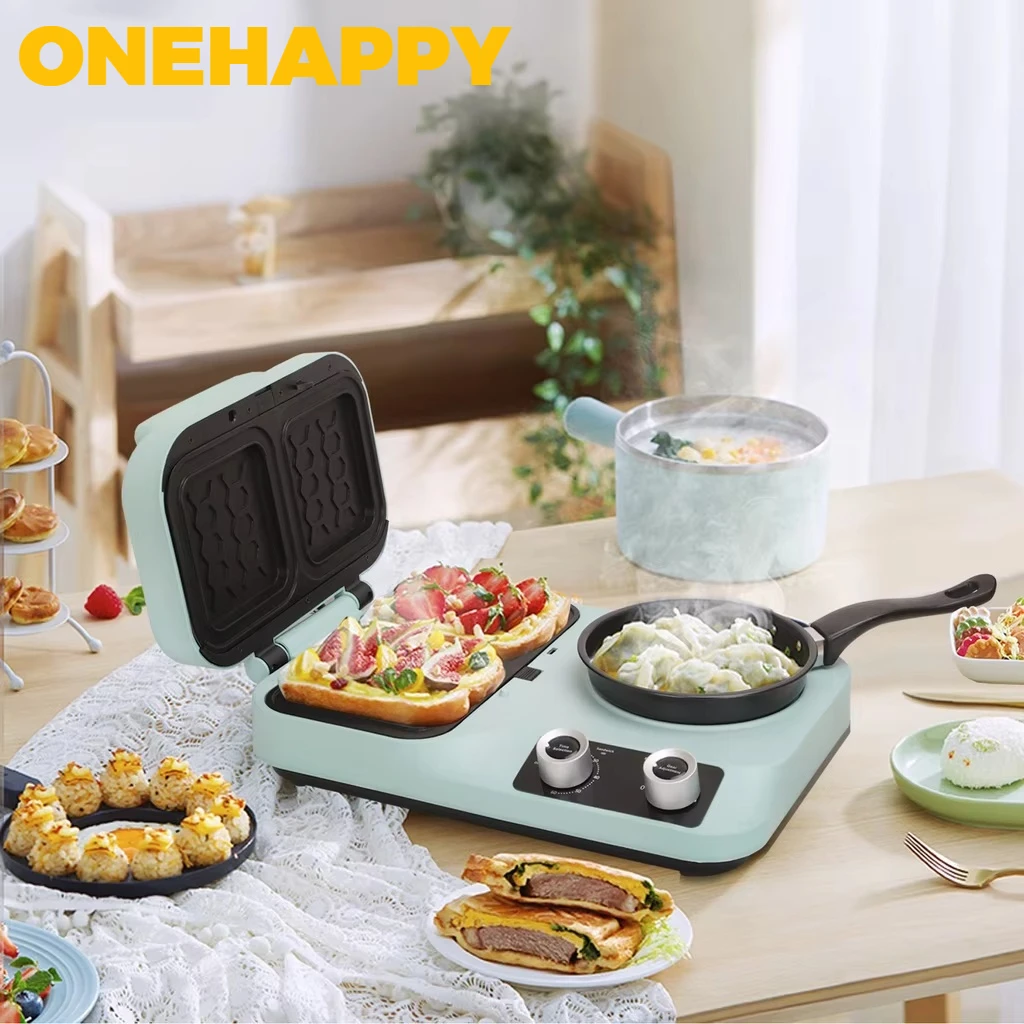 Home Use Compact Breakfast Station, 1500W High Power Multifunctional Toast Sandwich Maker with Removable Plates