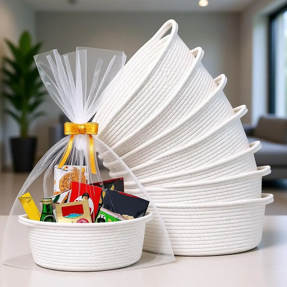 

Набор из 8 маленьких плетеных корзин с хлопковыми мешочками и лентами, 12x8x5, декоративная подарочная корзина для новорожденных, корзины для хранения в детской с ручками