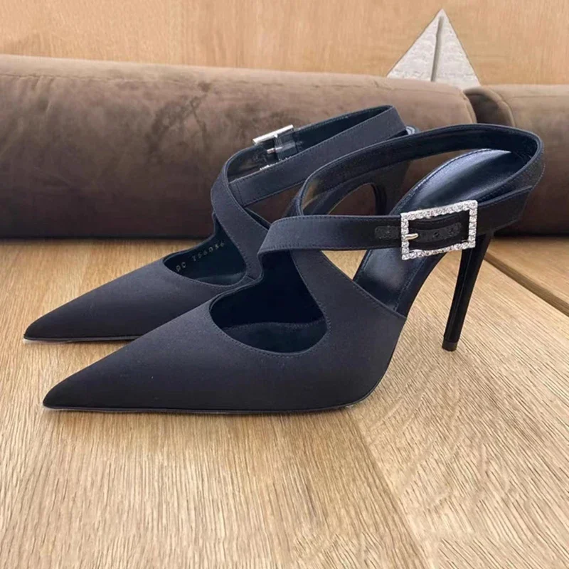 

2025 Spring New Black Women Sandals Pointed Toe Stiletto Sexy Thin Heels Rhinestone Square Buckle Cross Strap Fashion Shoes
