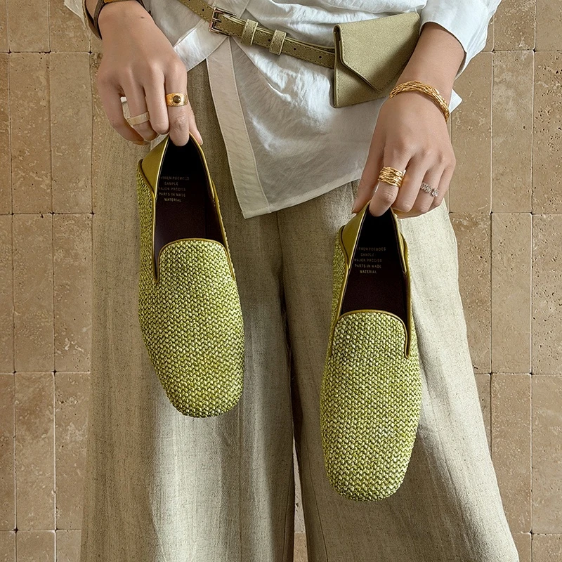 

Women's new genuine leather sheepskin square toe woven low heel retro M ü ller shoes fashion lazy single shoes Le Fu shoes