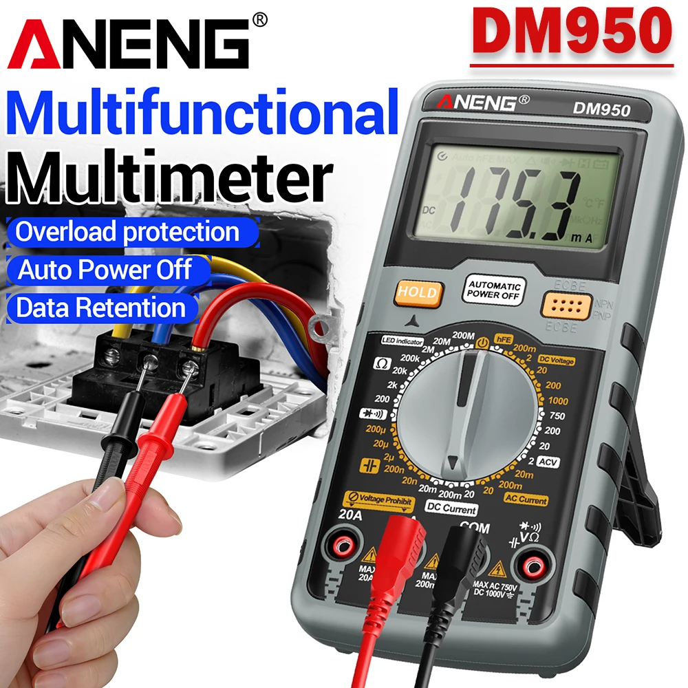 ANENG DM950 MultimeterMultifunctional Professional Digital Tester 1999 Counts AC/DC Voltage/Current HFE Transistor Detector Tool
