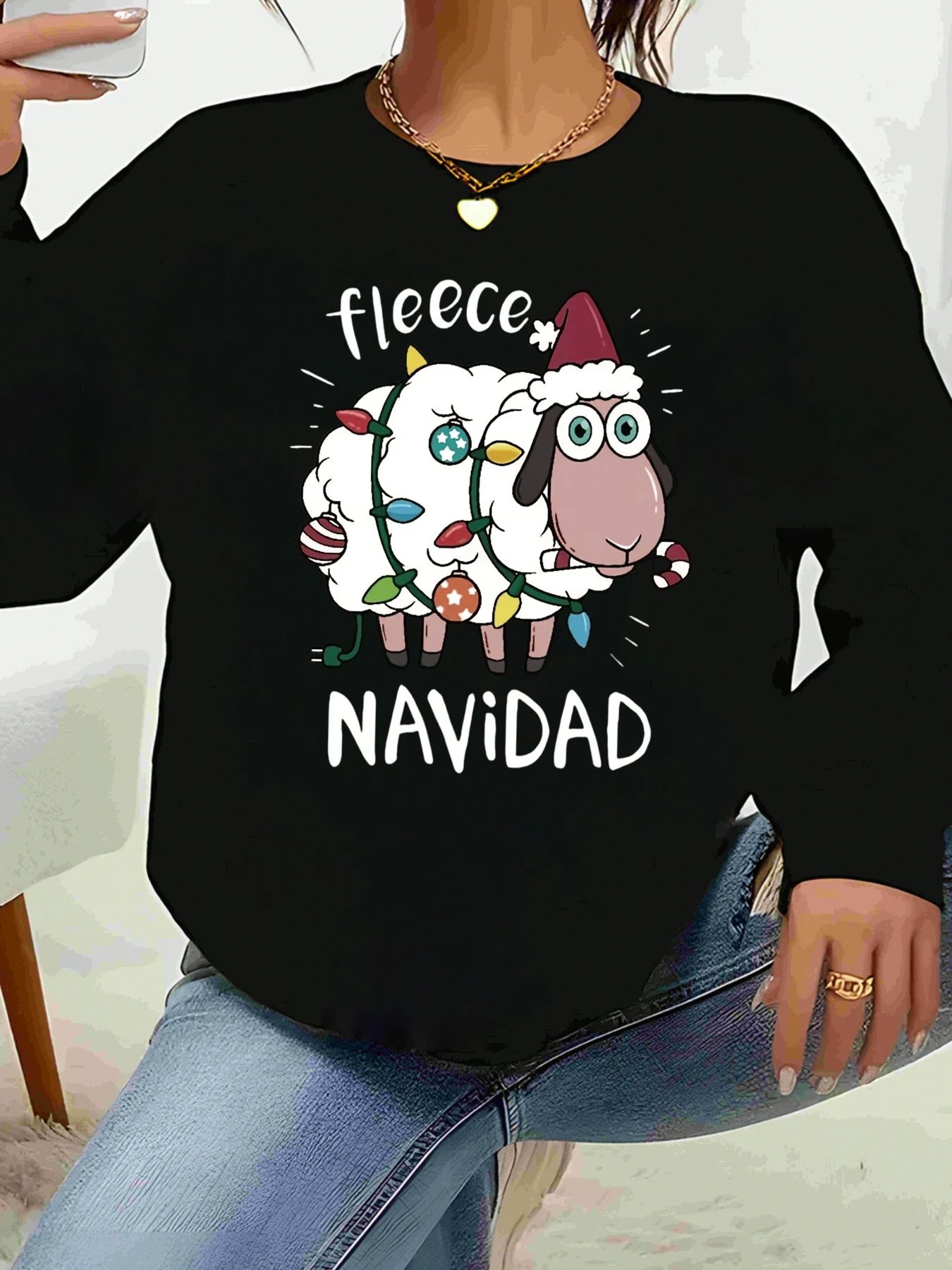 

Свитер с длинными рукавами и рождественским принтом из овечьего флиса, повседневная праздничная одежда для женщин