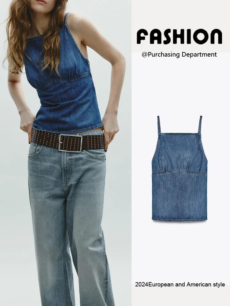 봄 신상 여성 섹시하고 다재다능한 얇은 스트랩 스트레이트 칼라 백리스 데님 탑 출퇴근 스타일 솔리드 컬러 싱글 피스