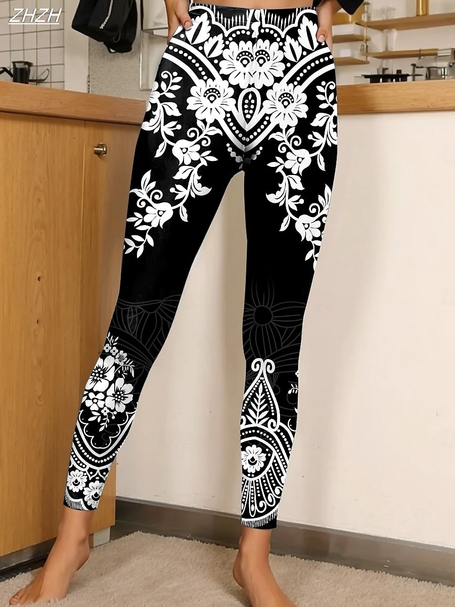 กางเกงเลกกิ้งผู้หญิงลายชนเผ่า ปี 2025 ผ้าโพลีเอสเตอร์ผสมสแปนเด็กซ์ ยืดหยุ่น เอวยางยืด กระชับทรง เหมาะสำหรับฤดูใบไม้ร่วง ฤดูหนาว สไตล์สตรีทแวร์