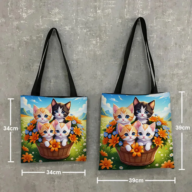 Cartoon Flower Cat Print Tote Bags Cute Kitten Cats Baby Women Handbag Shoulder Bag Large Capacity Storage Bags Grocery Bag Gift