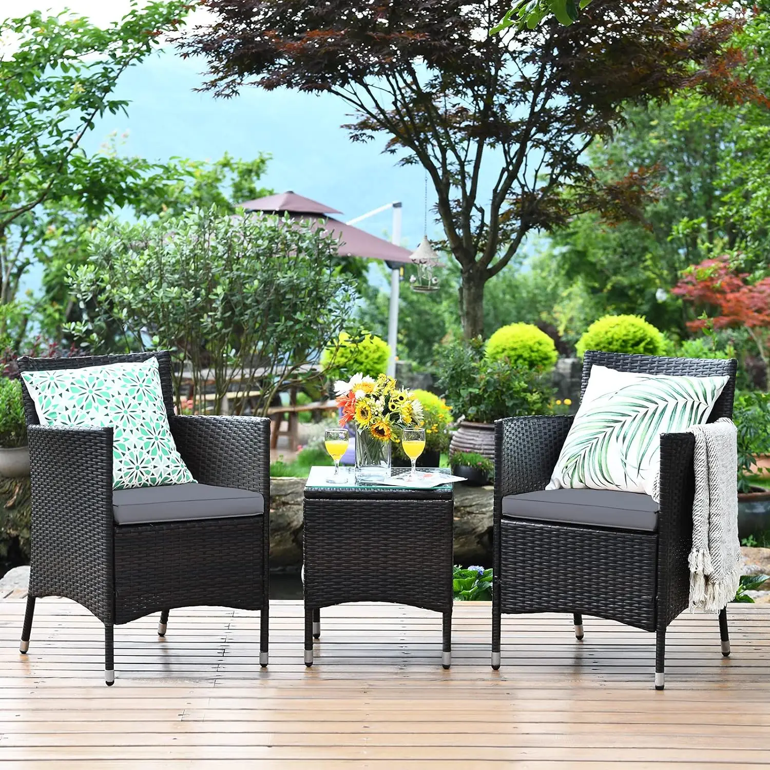 Patio Furniture Set， 3 PCS， P, with Tempered Glass Coffee Table, Seat Cushions, Rattan Wicker Chairs， Patio Furniture Set