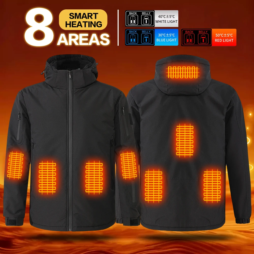 Unisex Heated Jacket USB Rechargeable 8 Heating Zones Electric Thermal Warm Hooded Coat Windproof Waterproof Winter Outdoor Heat