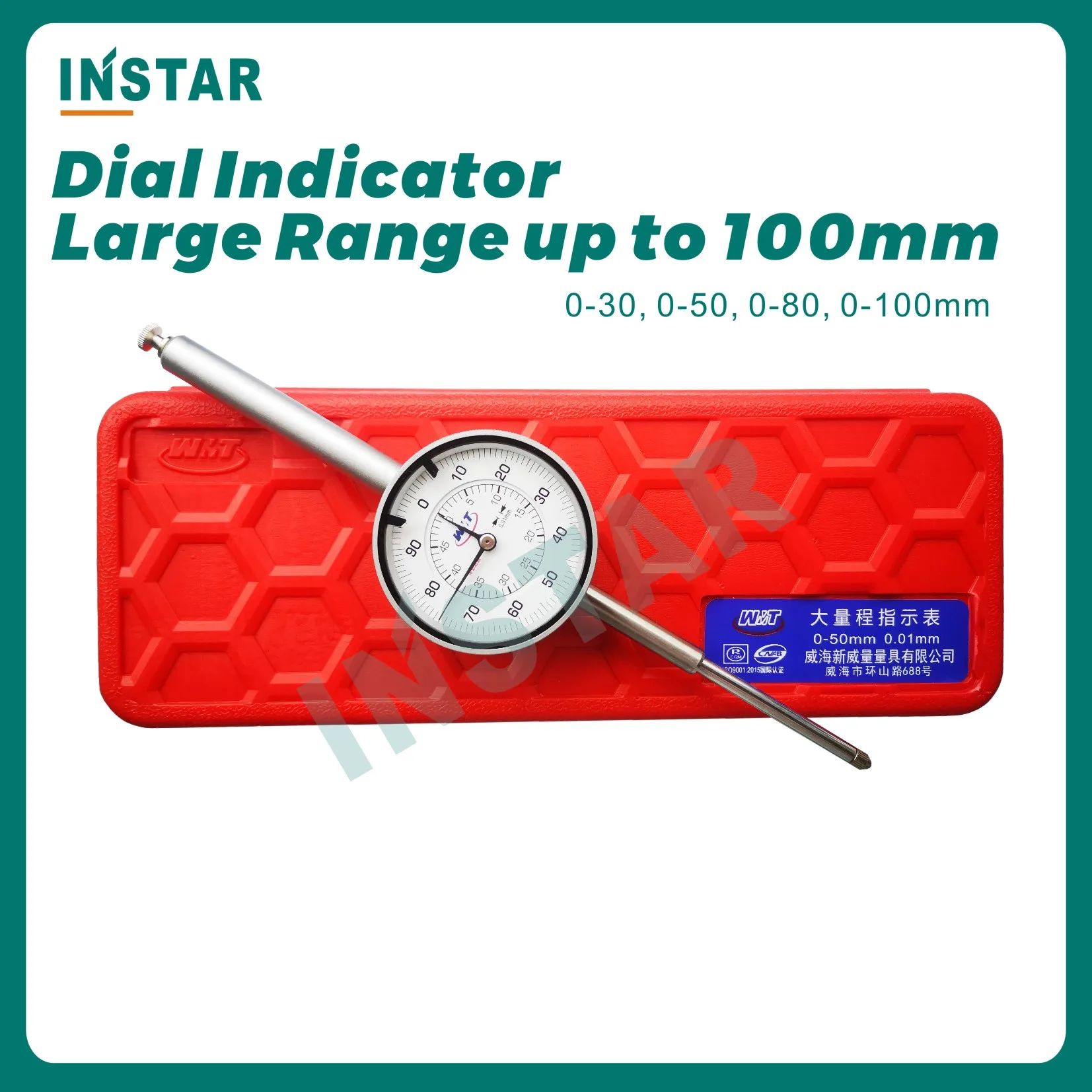 Long Range Dial Indicator 0-30mm 0-50mm 0-80mm 0-100mm x 0.01mm DIN Standard Industrial Quality Dial Gage