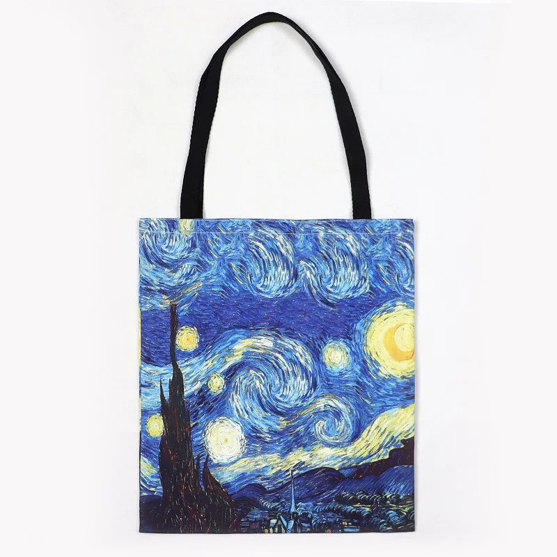 Van Gogh Starry Night Sunflower Canvas Shopping Bag Oil Painting Style Handbag Portable Folding Shoulder Bag Travel Storage Bag