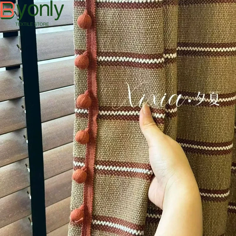 

American Retro Cotton and Linen Striped Red Brown Jacquard Curtains for Living Room Bedroom Balcony Custom Curtains Partition