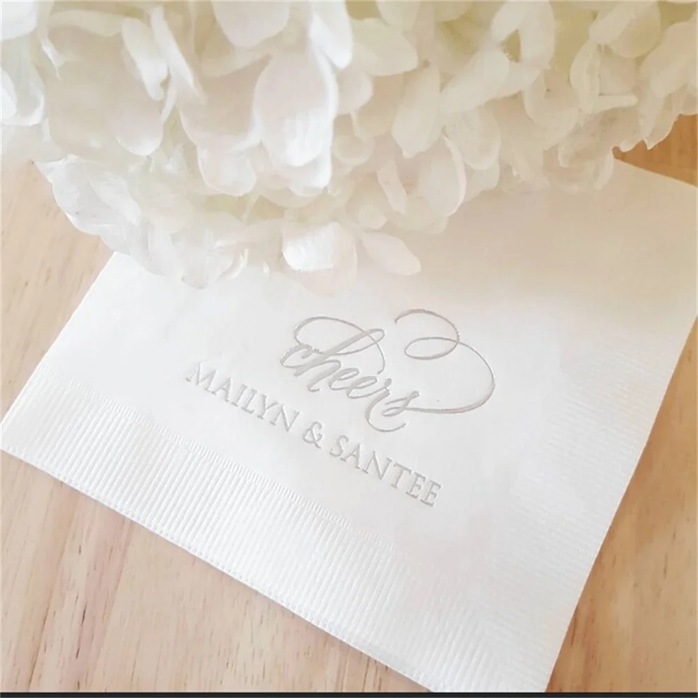 50PCS Personalized Cheers Wedding Napkins, Custom Napkins, Cocktail Napkins, Foil Printed Napkins, Personalized Beverage Napkins