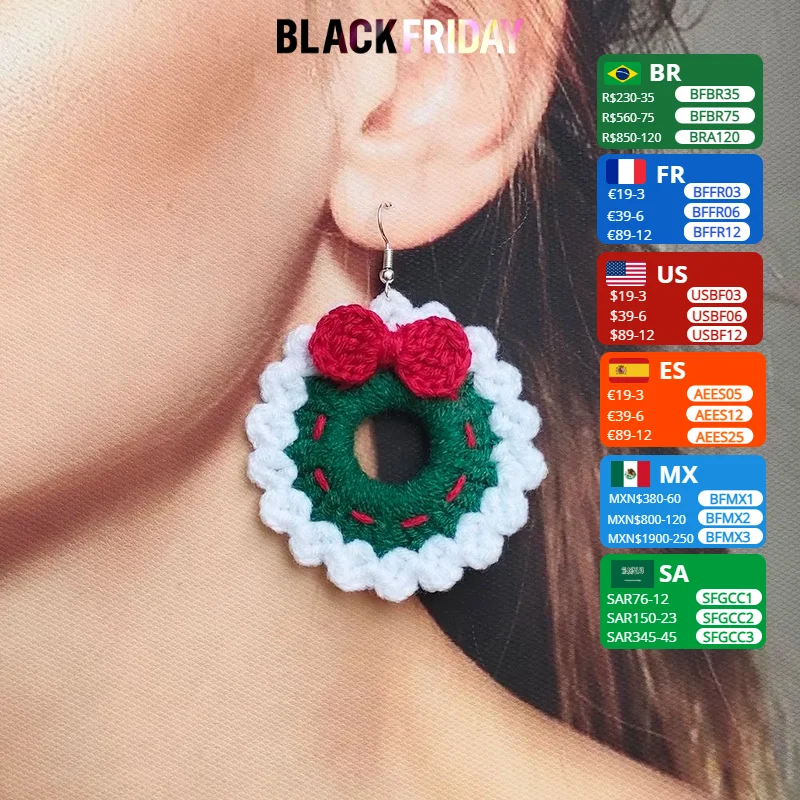 Crochet Fashion Merry Christmas Wreath Circle Hoop Earrings for Women Girls New Year Party Festival Jewelry Gifts