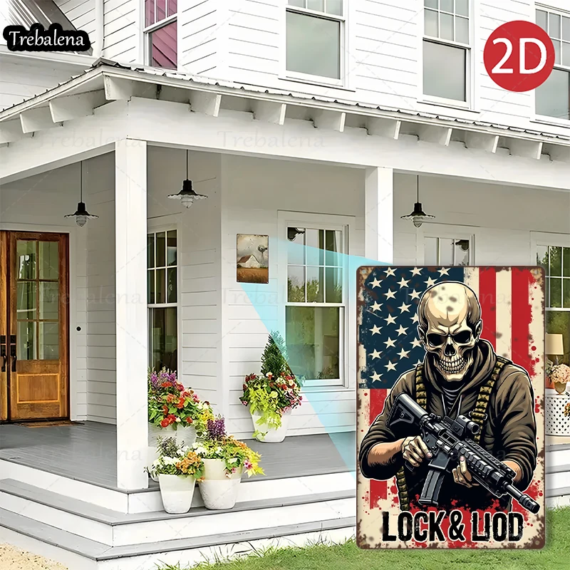 1PC 2D Flat 8*12inch Metal Sign Skull Soldier Lock and Load American Flag Art