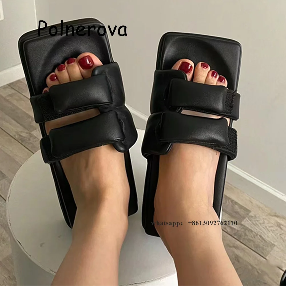 

Black Patent Leather Slippers One Word Belt Women's Shoes Thick Sole Slip On Square Toe Summer Causal Elegant Ladies Slippers