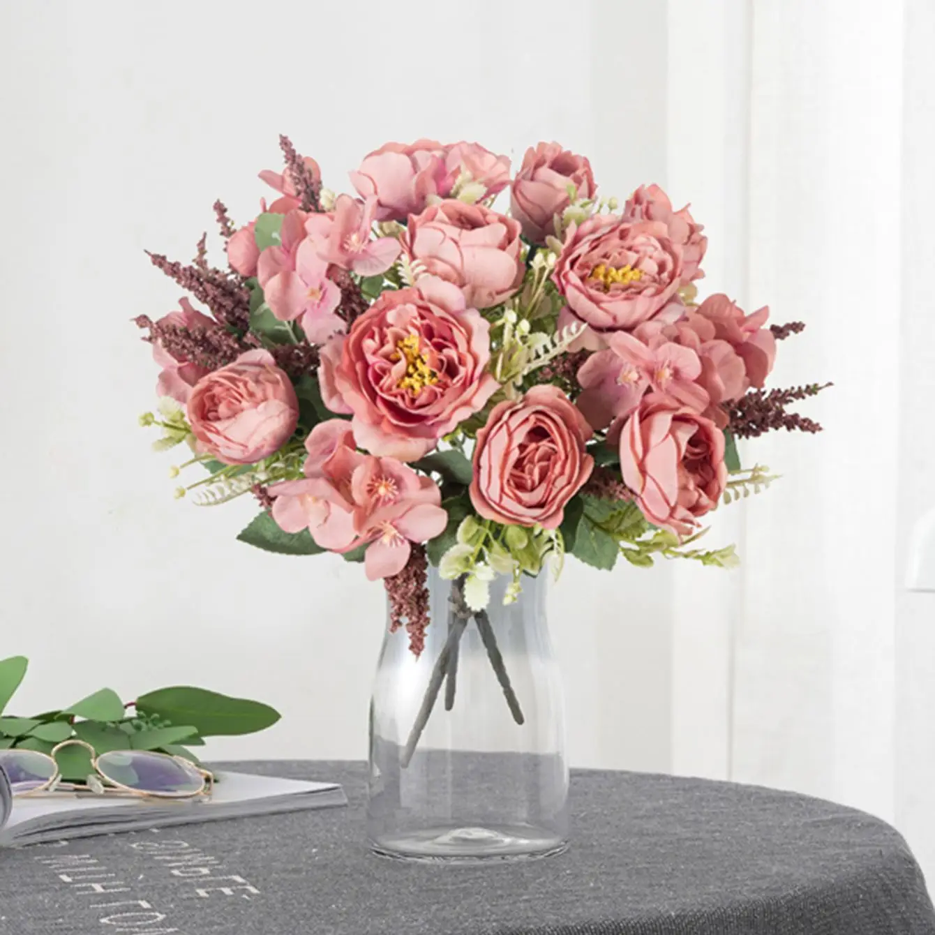 Ramo de Flores Artificiales de Seda, Hortensias y Peonías, Decoración para el Hogar, Jarrón, Decoración para Exteriores, Fiestas, Bodas, Ramos de Novia, Regalos para el Día de la Madre, Manualidades