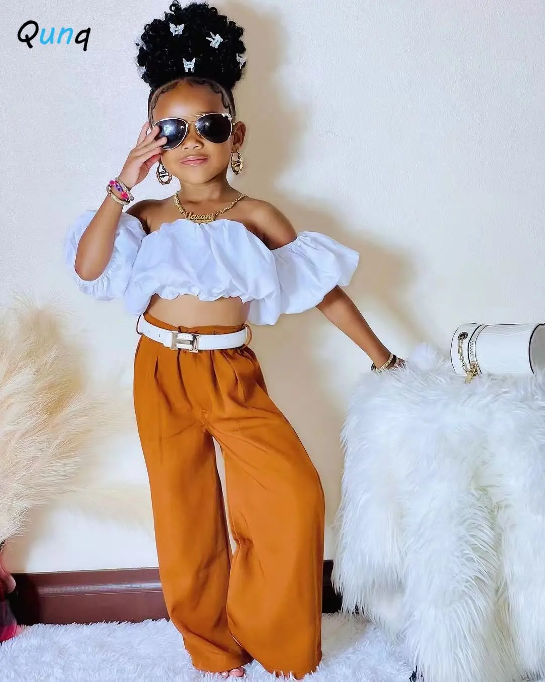 Qunq 2023 Summer Girls Off-The-Shoulder Pleated Bubble Sleeve Crop Top+Straight Pants 2 Pieces Set Casual Kids Clothes Age 3T-8T