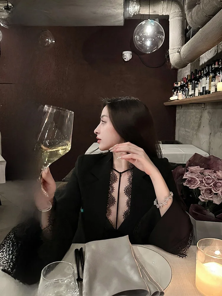 

Женский костюмный пиджак с кружевной отделкой и рукавами-колокол, уникальный, шикарный, с завышенной талией, длинными рукавами, средней длины, модная деловая одежда