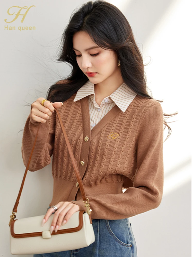 H Han Queen Korean Striped Color Blocking Knitted Cardigan Sweater Women Clothing Casual Basic Long Sleeve Vintage Sweaters Tops