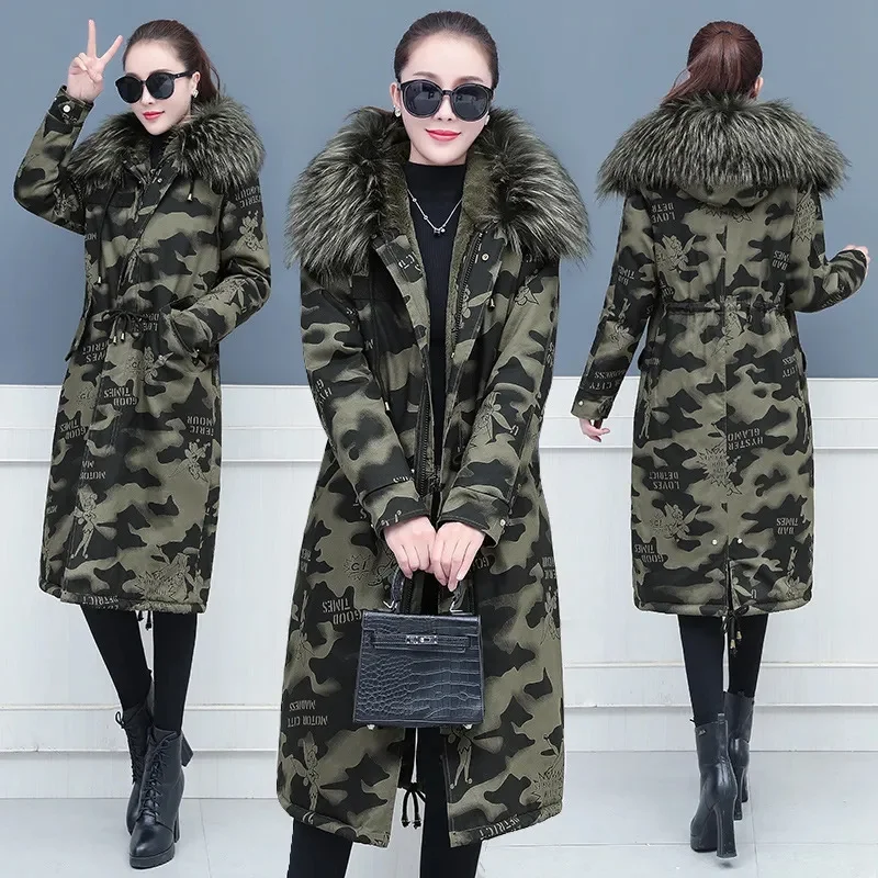 Pai Overcome Women\'s Autumn Winter Plus Size Cotton-Padded Jacket\'s Long Coat 2024 New Over-The-Knee Velvet Thickened Camouflage