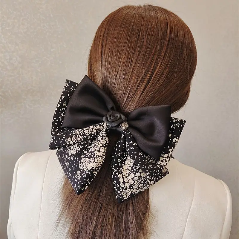 

Bow, Japanese and Korean style four season hair clip, women's high-end feel, black floral clip, hair quality spring clip, new hi