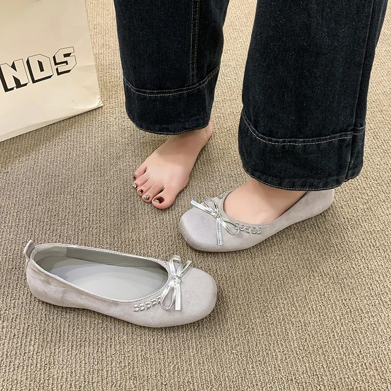 Women's 2026 New French Solid Color Casual Ballet Flats Spring Summer Best Selling Fashion Bow Decorated Slip-on Low-top Shoes