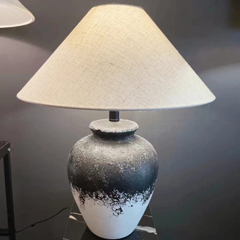 Wabi-sabi Classical Ceramic Table Lamp Clay Pot Retro Design Living Room Bedroom Bedside Lighting Project Hotel Decorative Lamp