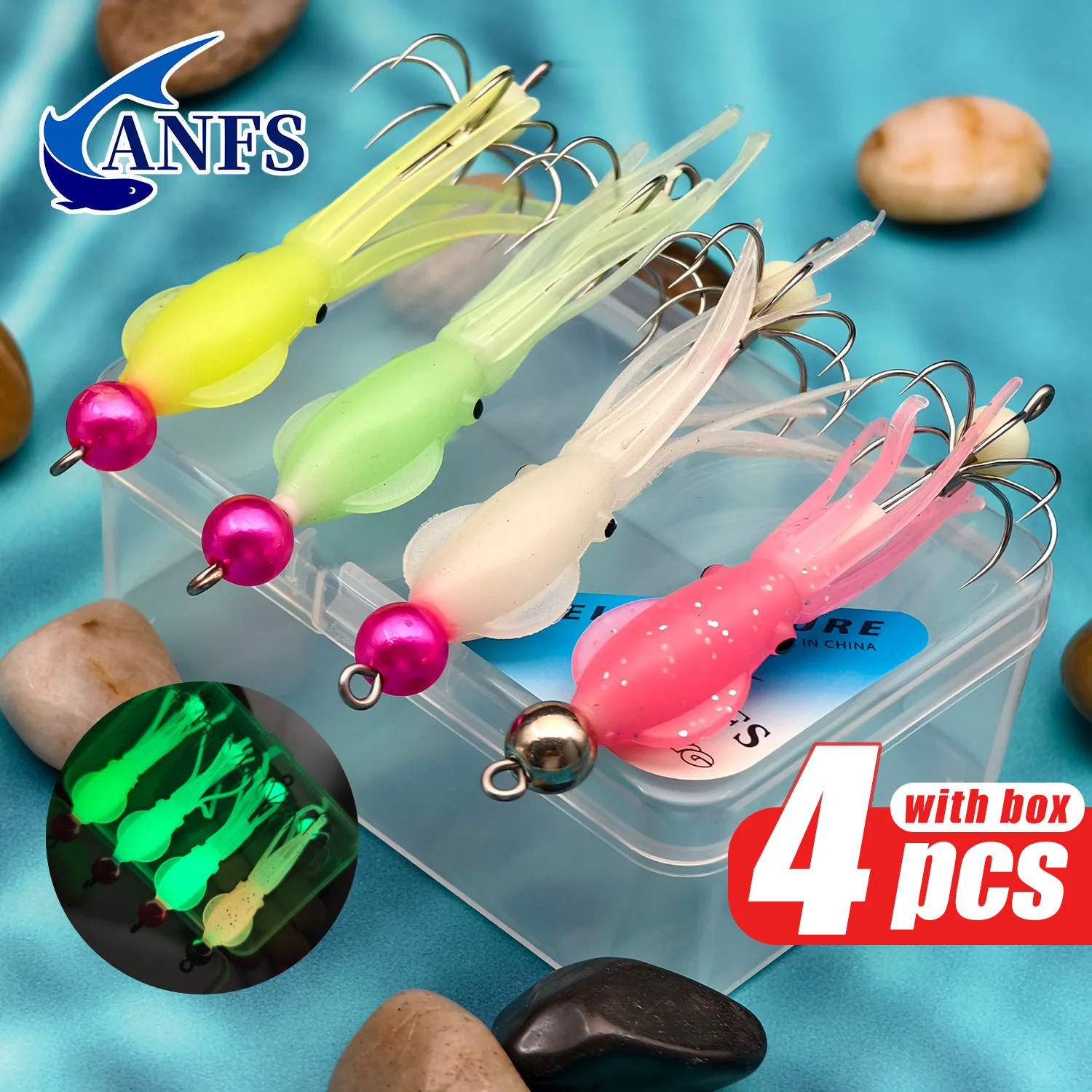 ANFS 4pcs Squid Jigs Set with Storage Box-Luminous Soft Squid Hook for Saltwater Fishing