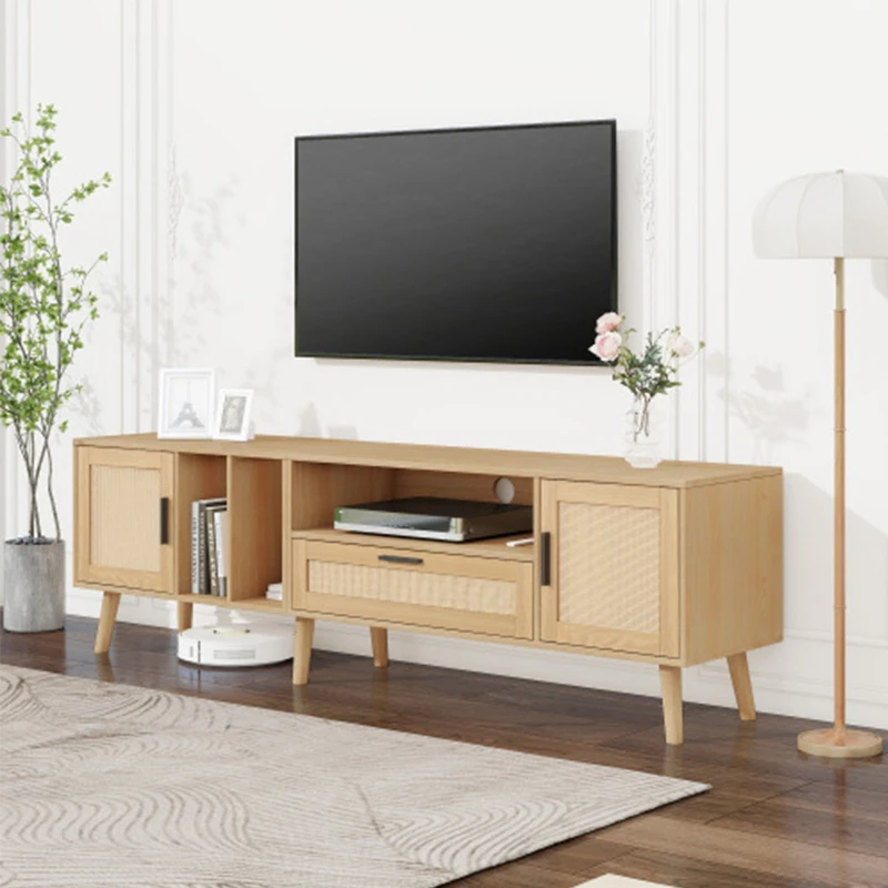 Rattan TV Stand with 2 Cabinets & 2 Open Shelves, Rattan-inspired Media Console Table,Entertainment Center with Solid Wood Legs