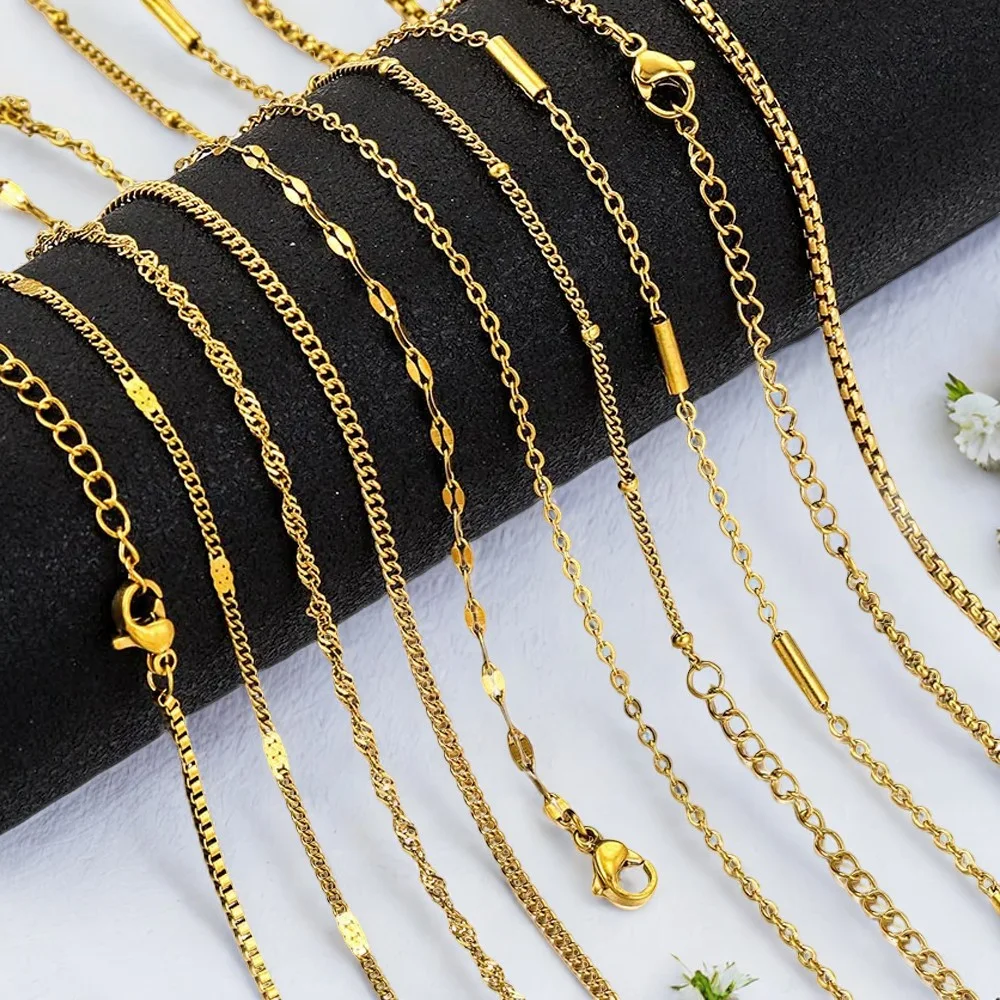 5pcs Stainless Steel Bead Chain Cuba Cross O Ripple Chain Necklace Plated Gold 45CM Adjustable Chain Lobster Clasp DIY Necklace