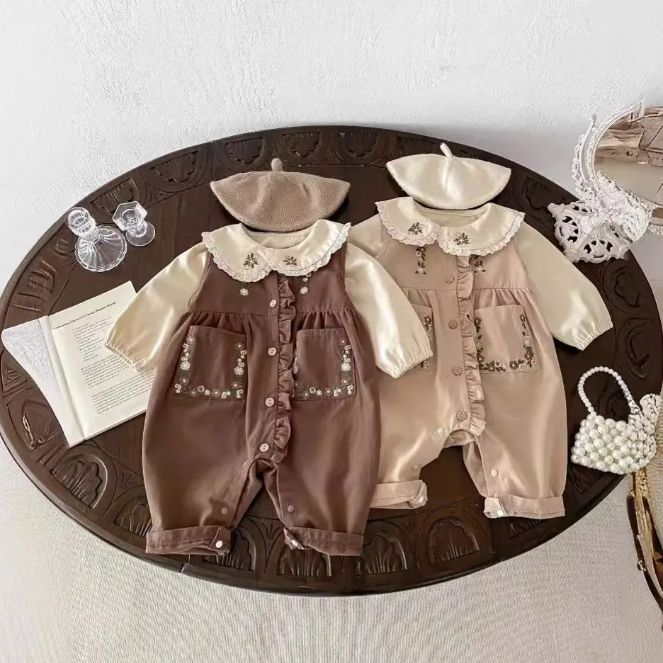 Spring Autumn 2024 Baby Girls 2PCS Clothes Set Cotton Lace Embroidery Shirts Pocket Sleeveless Jumpsuit Suit Toddler Girl Outfit