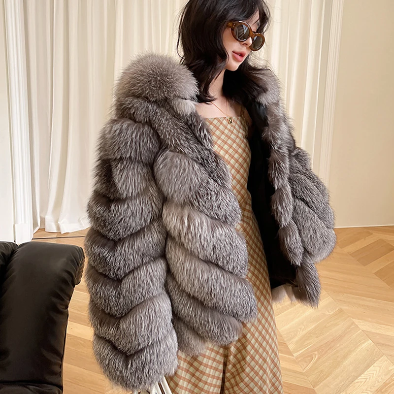 Warmer Damenmantel 2025, neue Mode, hochwertiger Damen-Pelzmantel, Wintersaison-Stil, dicker Fuchspelz mit Kapuze, Fell und Kunstpelz H714