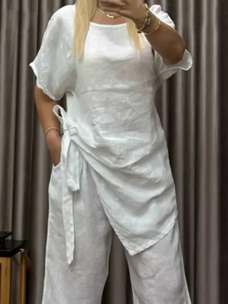 

Красивая модная уличная одежда, свободный костюм нестандартной формы, офисный женский однотонный наряд, летний повседневный топ с круглым вырезом, короткими рукавами и длинные брюки