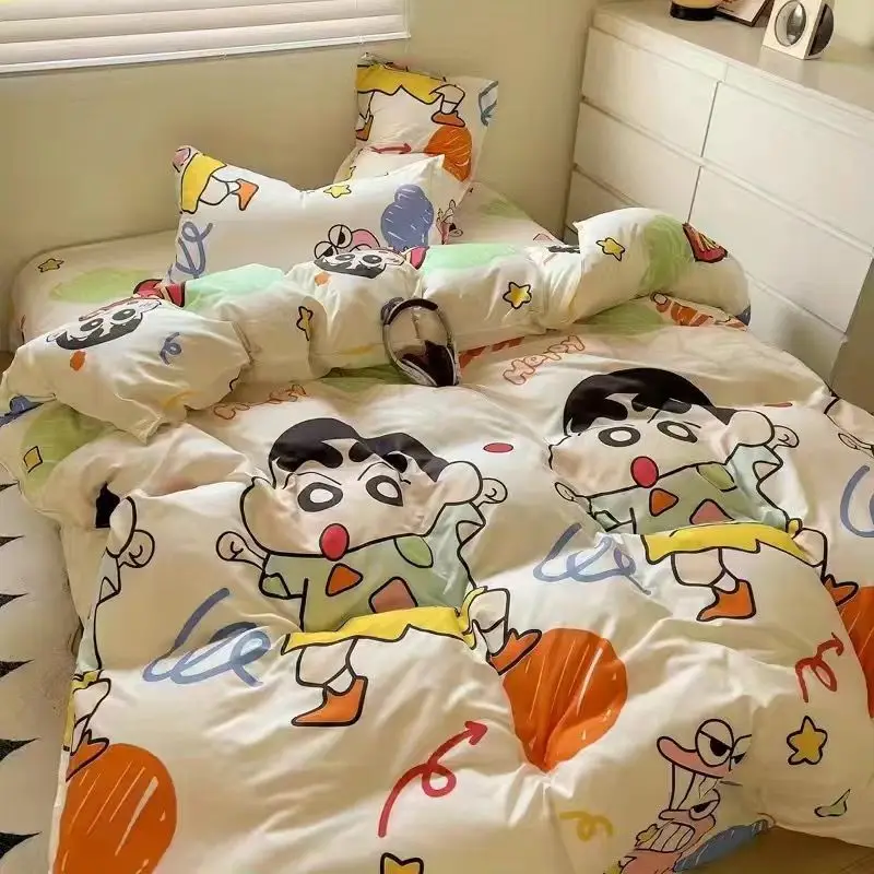 

New Crayon Shin Chan Cartoon Cute Four Piece Set Washed Cotton Quilt Set Bed Sheet Set Student Dormitory Three Piece Set Bedding