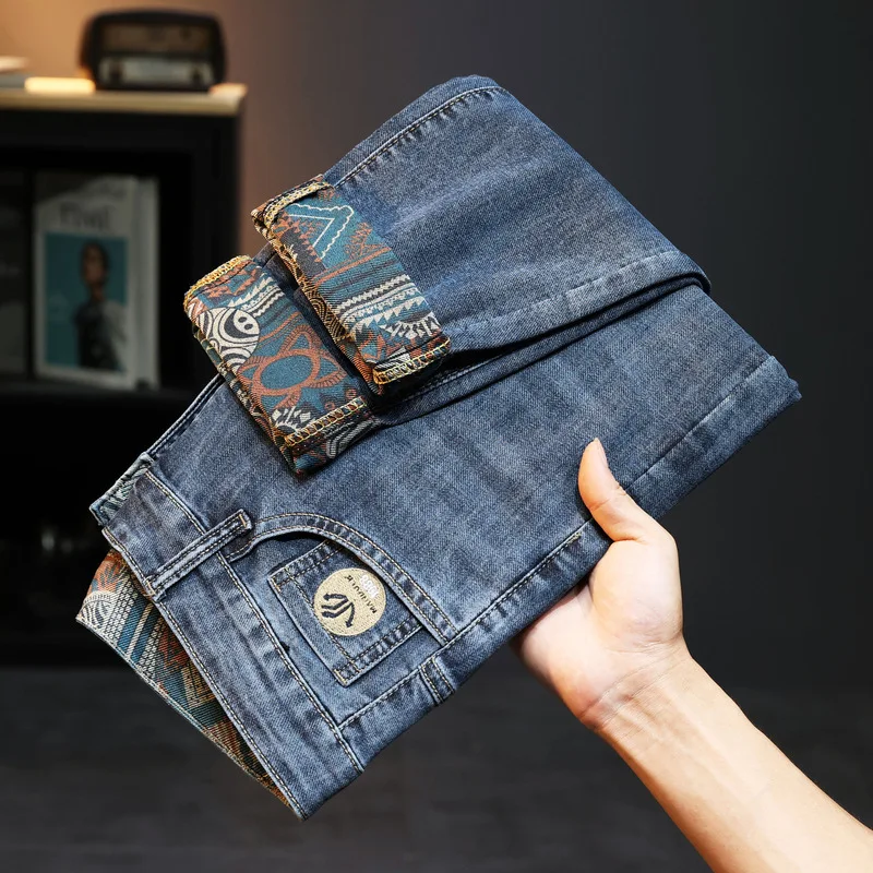 

2024 Spring Autumn New Trendy Printed Slim Fit MEN Jeans Fashion Versatile Casual Elastic Straight Fit Cotton Denim Pant