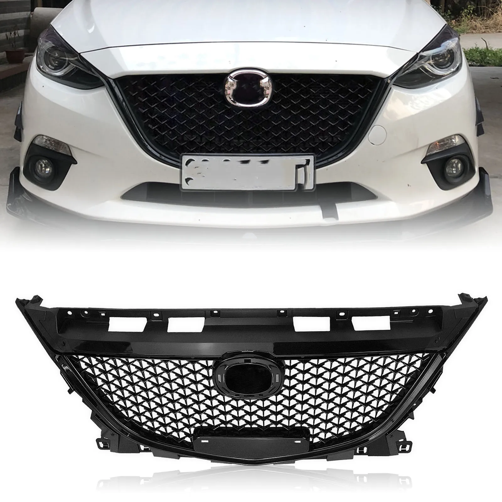 Front Grille For Mazda 3 Axela 2014-2016 Black Honeycomb Style Mazda3 Car Upper Bumper Hood Intake Mesh Cover Grid Racing Grills