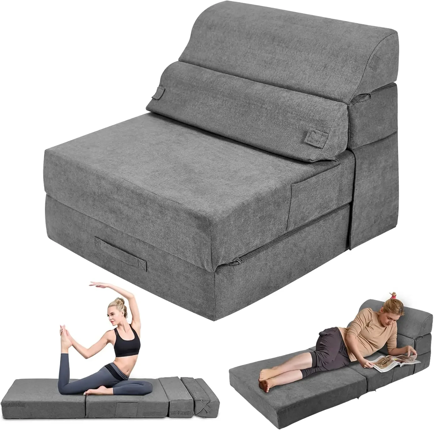 

Comfy Folding Sofa Bed - Grey Convertible Sleeper Sofa Fold Out Sleeper Chair Couch for Living Room Bedroom Guest