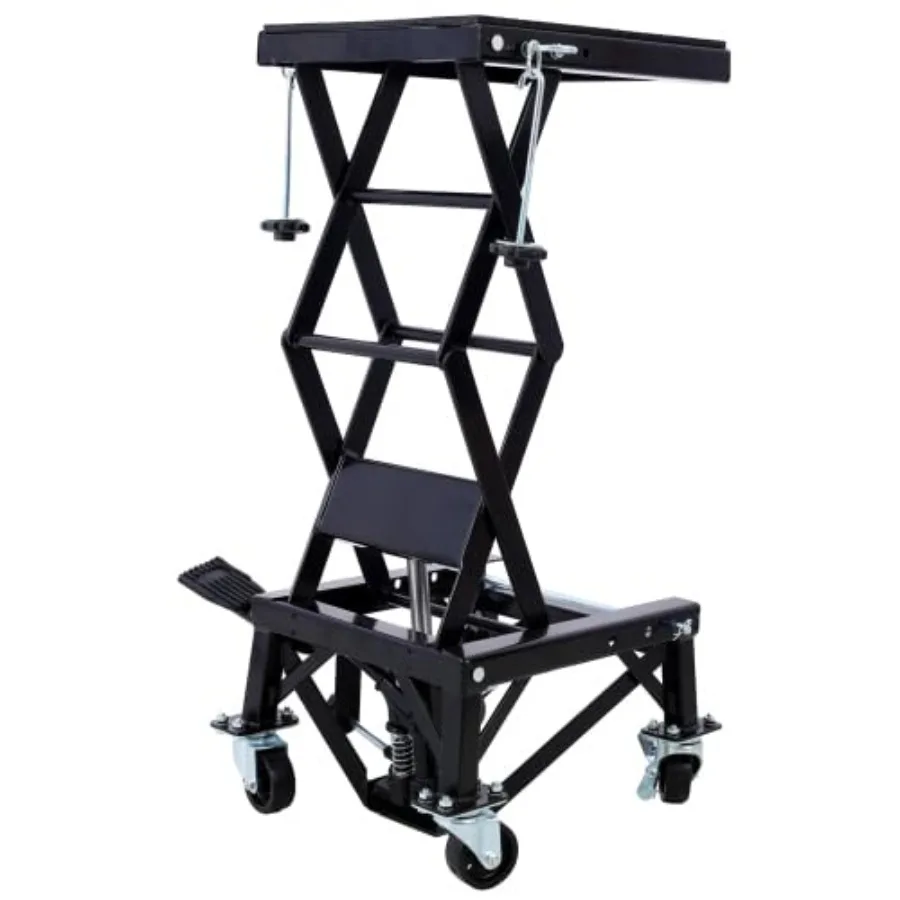 

300 lbs Hydraulic Motorcycle Scissor Jack Lift with Foot Step and Wheels for Small Dirt Bikes Black Color Ideal for Garage Use