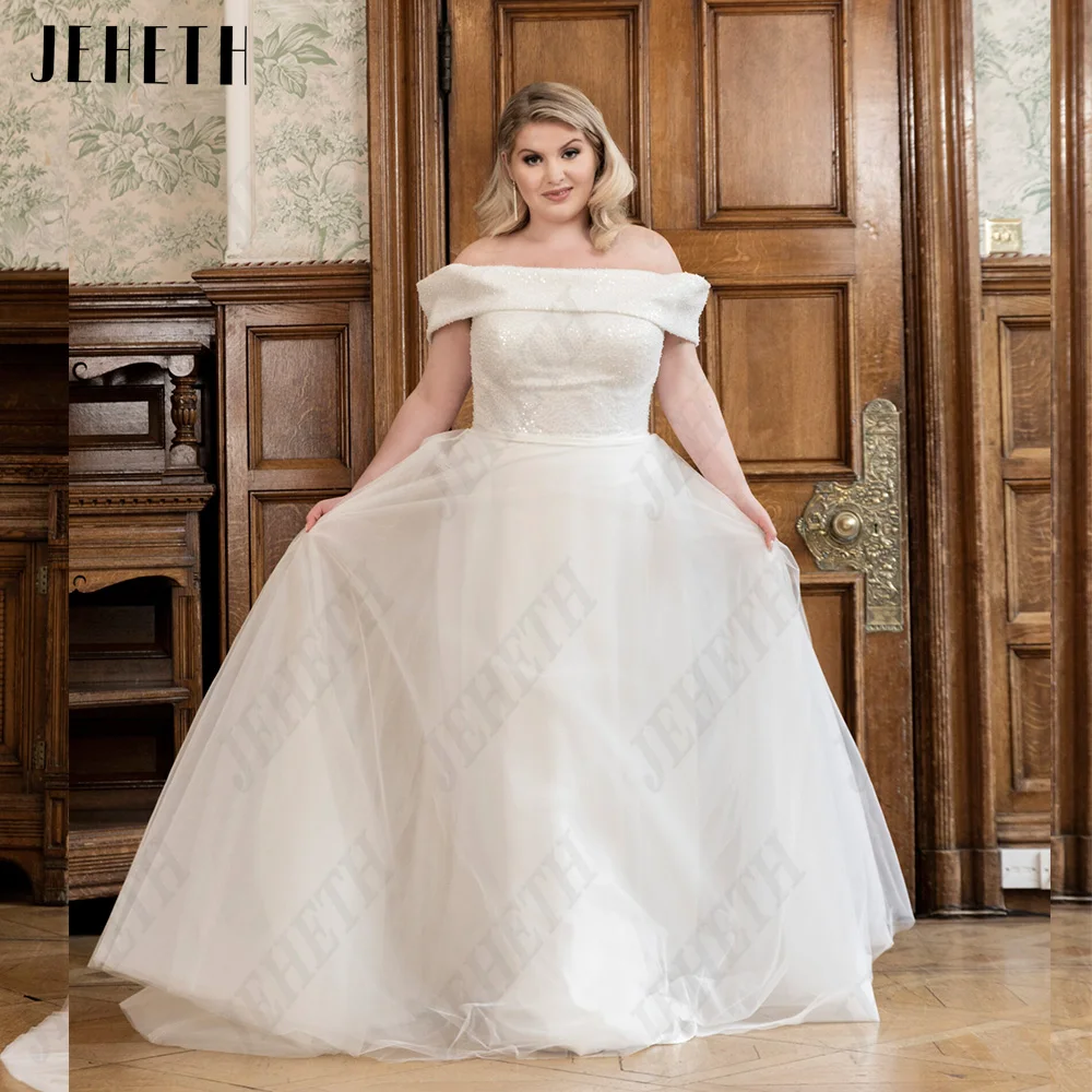 

JEHETH Exquisite Wedding Dresses For Woman Plus Size Boat Neck Off Shoulder Bridal Gowns Beading A-Line Tulle vestidos de novia