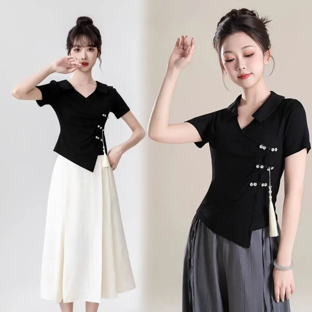 

Tassel Pendant Irregular V-neck T-shirt Lapel Flower Button Women's Slim Crop Tops Female Summer Tops Streetwear
